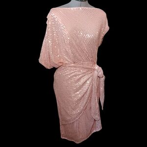Grace Karin One Shoulder Sequin Wrap Dress in Rose Gold, Size L